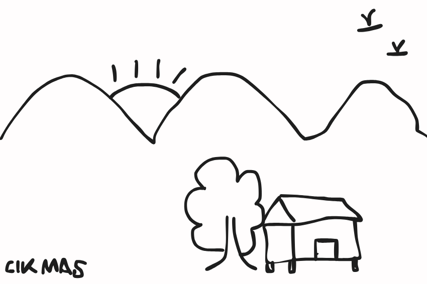 A tree and house with the mountains background. A sunrise and birds are on the sky.